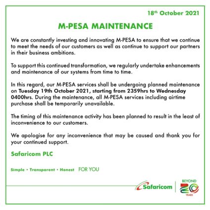 M PESA services will be unavailable from midnight Tuesday  October 19 to 4 a m  Wednesday  October 20  - 85