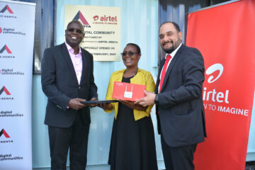 From Left Mr. George Odenyo, ATC MD, Madam Mary Ondieki Mihango Primary school headteacher and Mr Ashish Malhotra Airtel Kenya MD