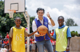 Carrefour Regional Director, Christophe Orcet poses for a Photo with Alex Laizer and Mary Cynthia at the newly renovated Basketball Court & Skating Rink renovation Funded by Majid Al Futtaim Hypermarkets Ltd Kenya under Round Up Your Bill initiave and handed over by Carrefour.