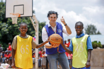 Carrefour Regional Director, Christophe Orcet poses for a Photo with Alex Laizer and Mary Cynthia at the newly renovated Basketball Court & Skating Rink renovation Funded by Majid Al Futtaim Hypermarkets Ltd Kenya under Round Up Your Bill initiave and handed over by Carrefour.
