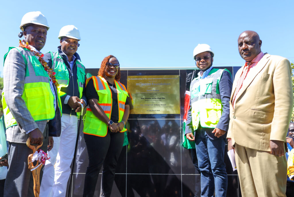 Tinderet MP Julius Melly, President Ruto’s Aide, Farouk Kibet, Safaricom’s Director of Sustainable Business and Social Impact, Karen Basiye, Senate Speaker Amason Kingi and the Principal Chepsaita Secondary School Principal, Mcnamara Ayuku at M-PESA Foundation’s groundbreaking event at the school.