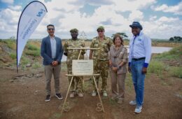 I&M Bank Group Executive Director, Mr. Sarit S. Raja Shah (left) National Park Senior Warden, Muraya Githinji (second left) National Park Captain, Michael Nicholson (center) Warden Olga Ercolano (second right) and I&M Head of Foundation, James Gatere pose for a photo during the official Launch of Ololo Dam ceremony at Nairobi National Park.