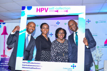 L-R Dr. Charles Wahome, Chief Consultant Pathologist, Cerba LancetKenya, Mwende Musunga, MD & CEO Cerba Lancet East Africa, AnneNyamu, Patron Old Mutual Women's Network and Ken Omami, GM Old Mutual Health Business during the launch of a self-collection HPV DNA kit to boost cervical cancer screening rates in Kenya.
